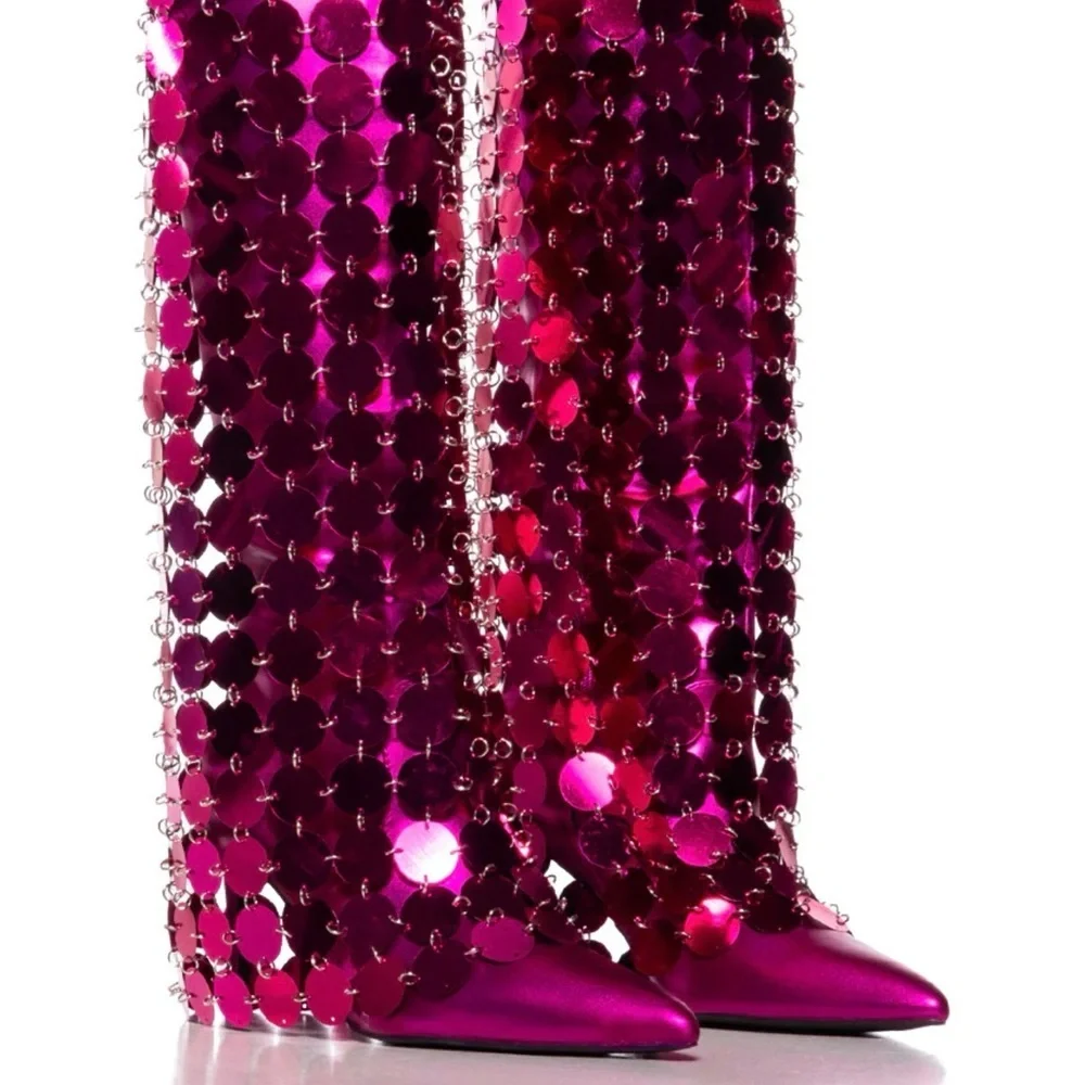 Fuchsia Sequin Heeled Boots - Picture 1 of 14
